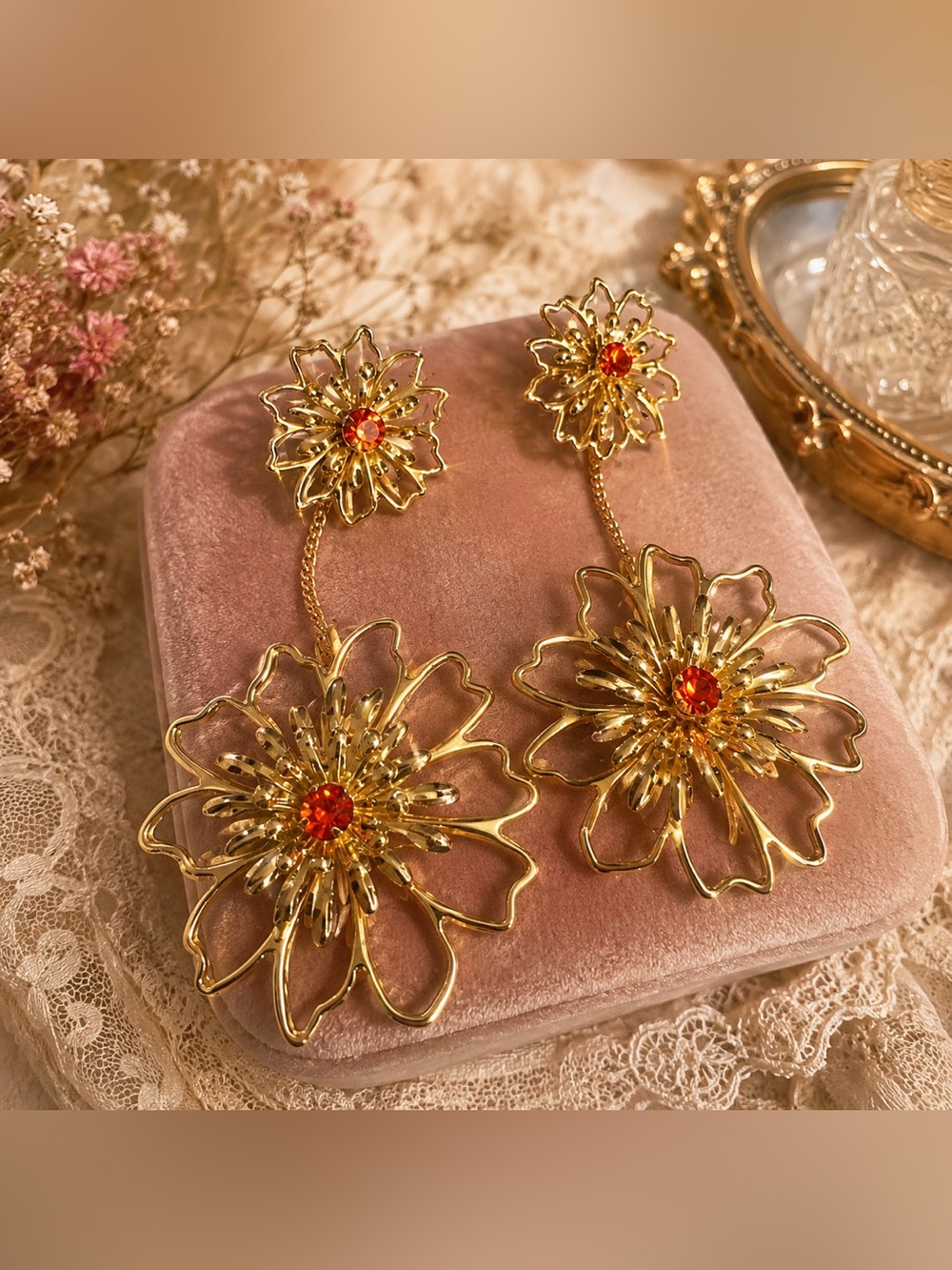 Gold Tone Floral Earrings Citrus🍊 Colored Crystal Flower Power Statement 1960’s
